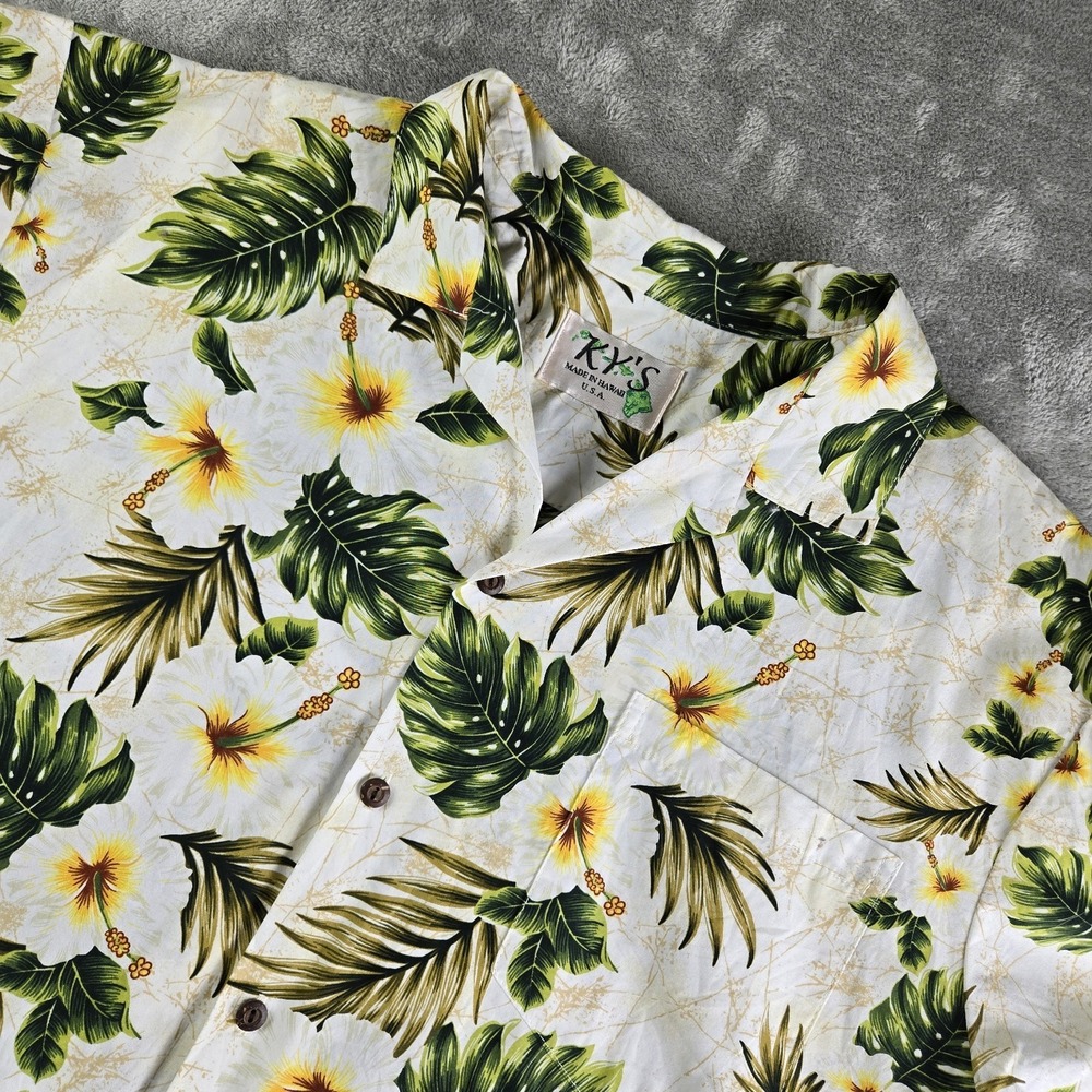 Vintage KYs Shirt Mens White Green Yellow Floral Hawaiian Tropical Made In USA